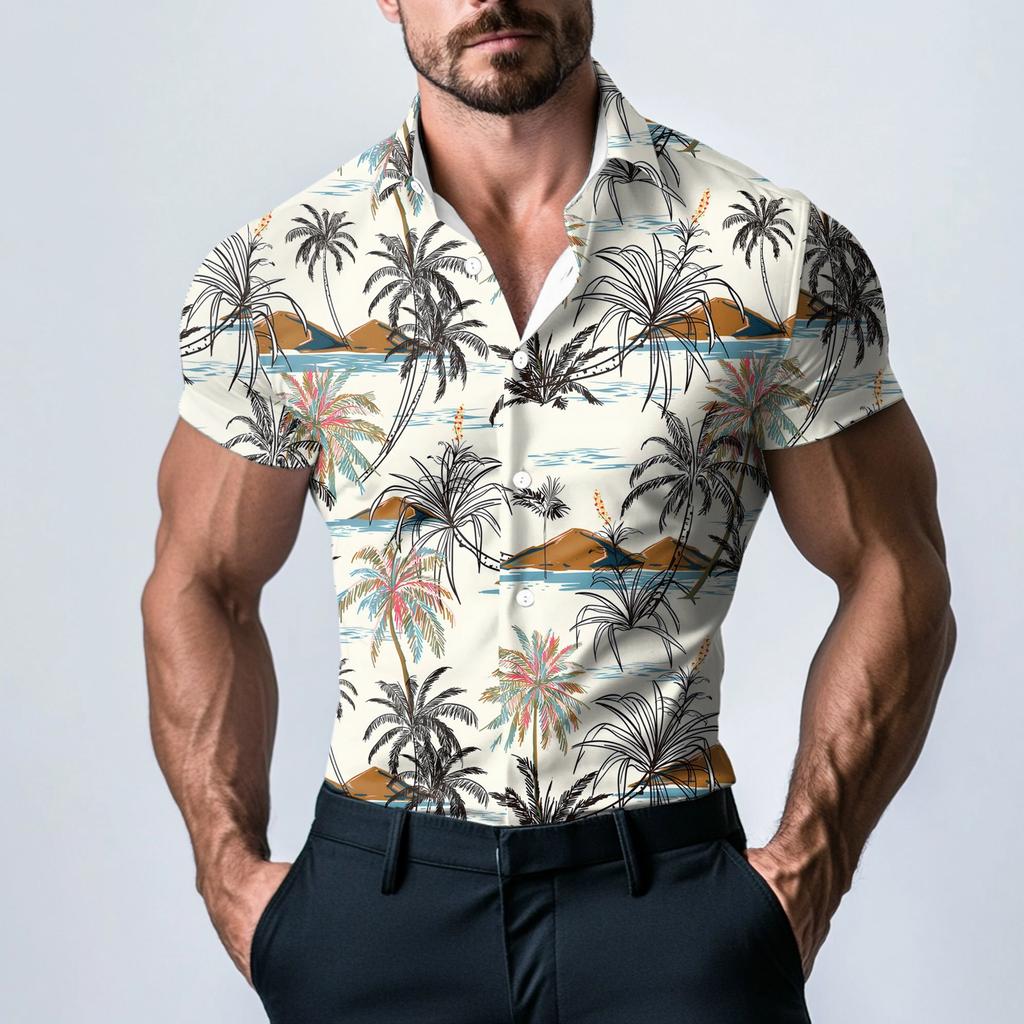 Men's Fashion Printed Satin Short Sleeve Shirt Top
