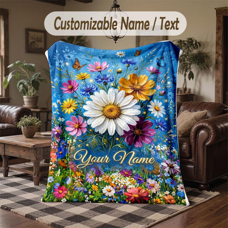 Floral Garden Art 1 Theme Throw Blanket Custom Name Text Personalized Blanket Soft Cozy Blanket for Home Sofa Bed