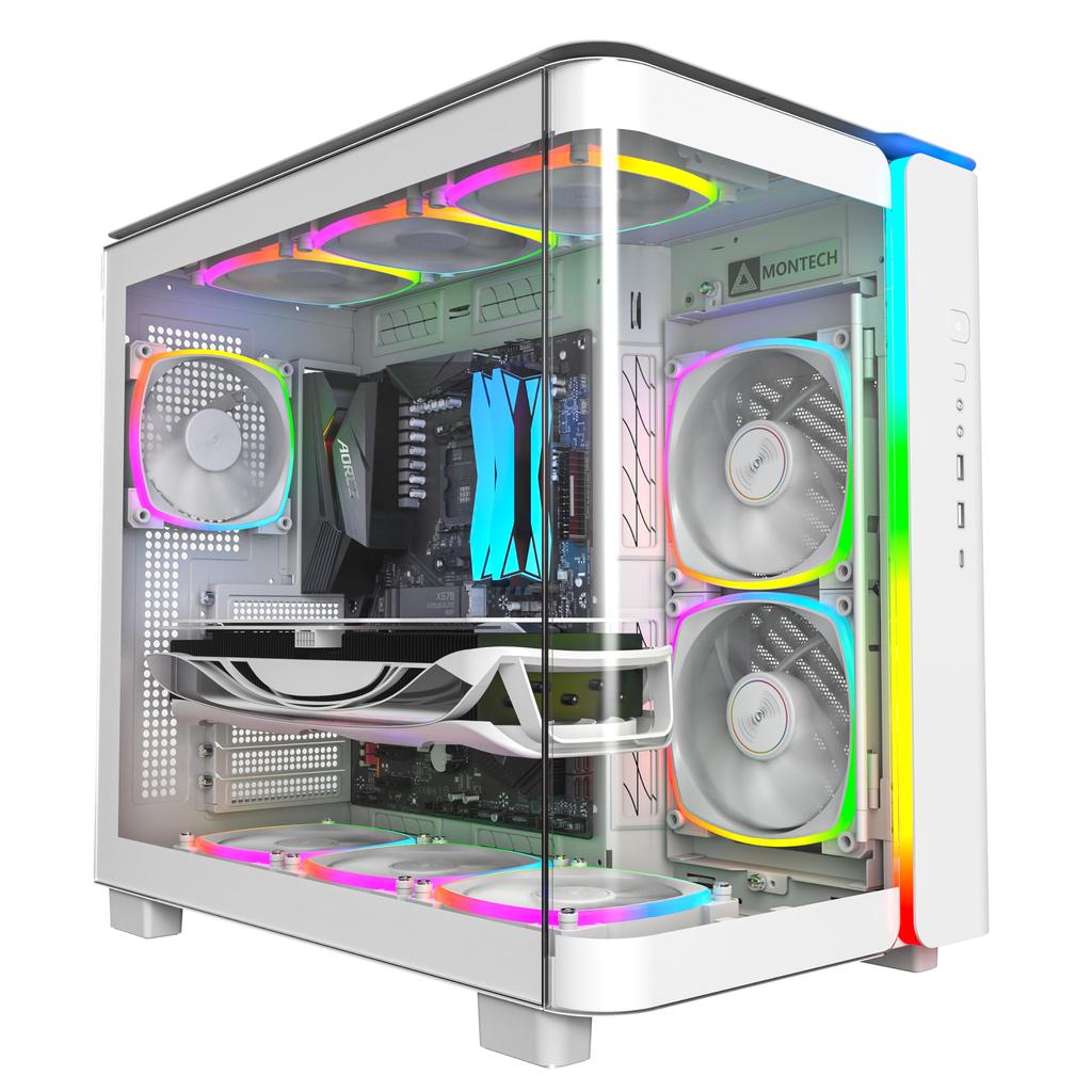 MONTECH King 95 PRO Dual-Chamber-ATX-PC-Gaming-Gehäuse, High-Airflow-Panel, stabile, gebogene Front aus gehärtetem Glas, 6 ARGB-PWM-Lüfter mit Lüfternabe, weißer Mid-Tower