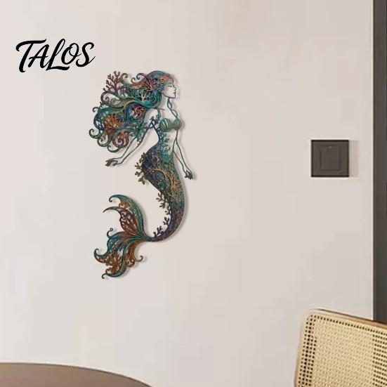 Metal Mermaid Wall Art Decoration, Three-dimensional Hollow Iron Weather Resistant Sculpture, Retro Ocean Style Hanging Figures Rustic for Patios