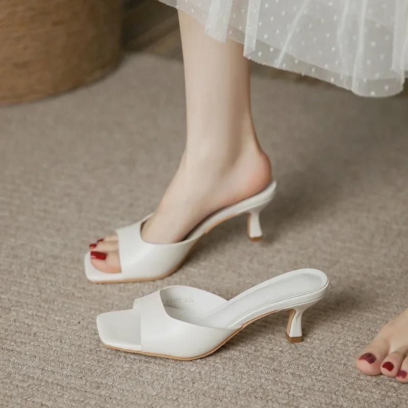 Sandali Pantofole Estive da Donna in Pelle con Tacco Sottile Francese Sandali da Donna Pantofola Dolce a Punta Tonda Scarpe da Donna