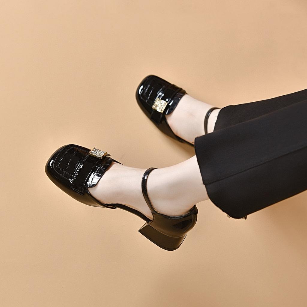 Medium Heel Sandals Women's Summer New Square Head Hollow Sandals Square Buckle Rhinestone Word with Thick Heel Sandals