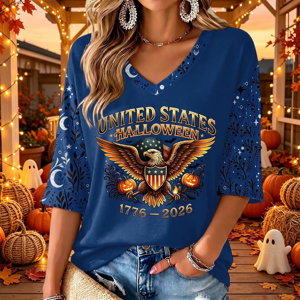 Women's Casual Halloween Printed V-Neck Three-Quarter Sleeve Top