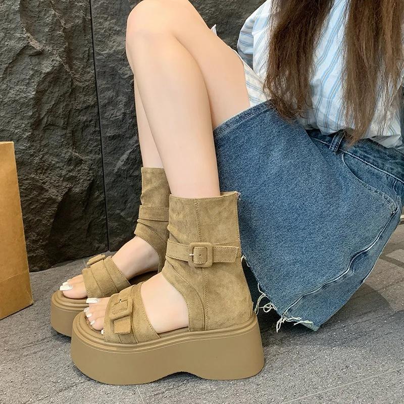Summer 2026 Women's Thick Heel Ankle Boots Soft Bottom Toe Covering Sandals Roman Style Heightening Pants Tube Slippers