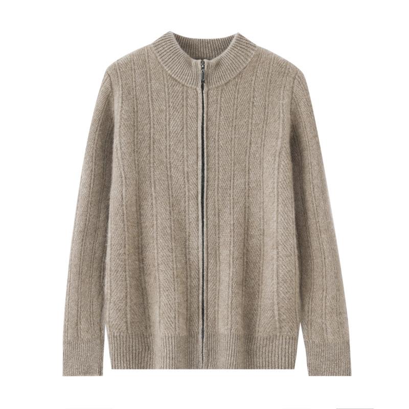100% Pure Wool Knitted Jacket Men'S Wheat Ear Jacquard Business Casual Stand-Up Collar Zipper Cashmere Cardigan Loose And Versatile