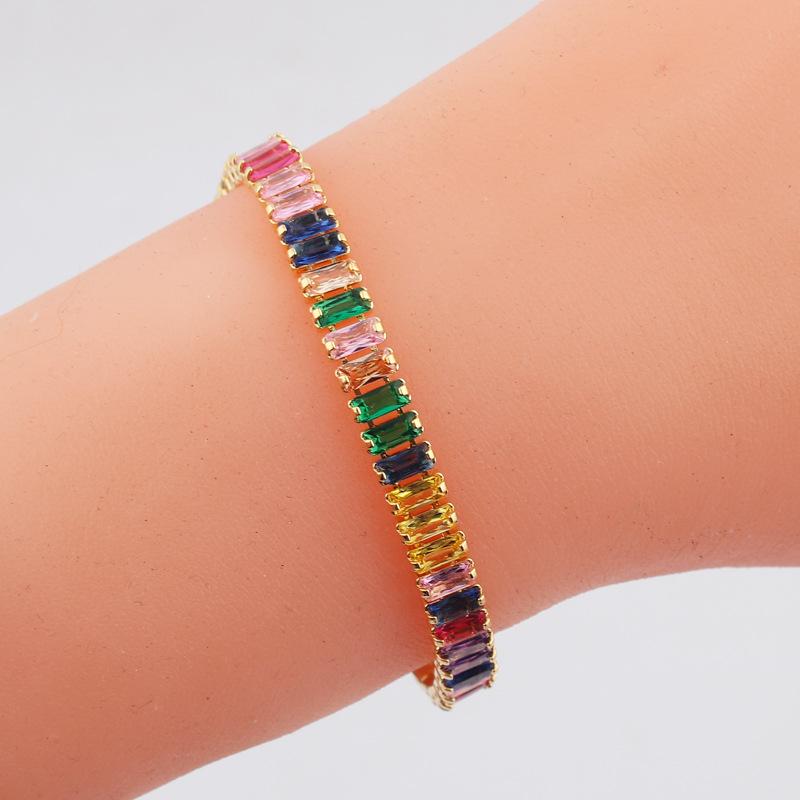 Gold Plated Rainbow Baguette CZ Tennis Bracelet – Luxury Colorful Gemstone Jewelry, Sparkle Gift for Women