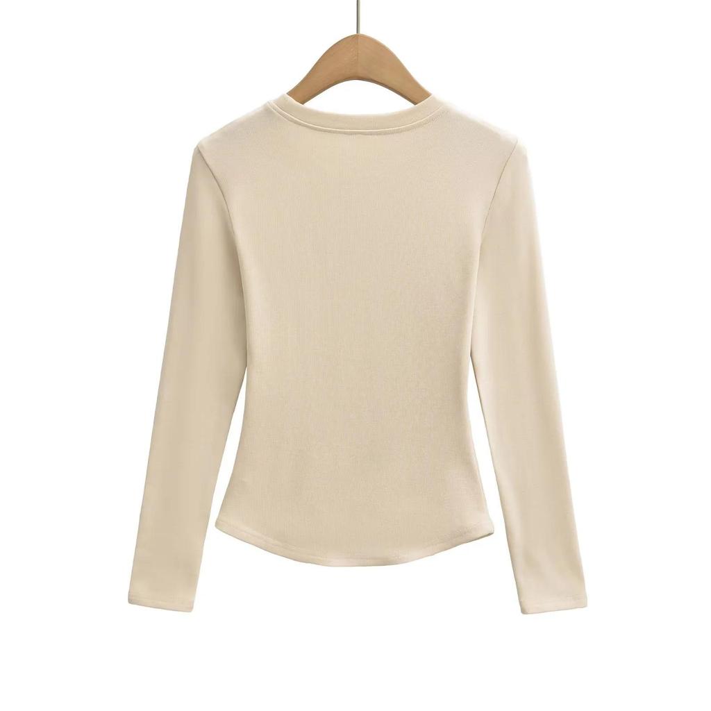 Women's Spicy Girl Round Neck Long Sleeve Yoga Tee - Slim Fit, Solid Color, Elastic Base Layer