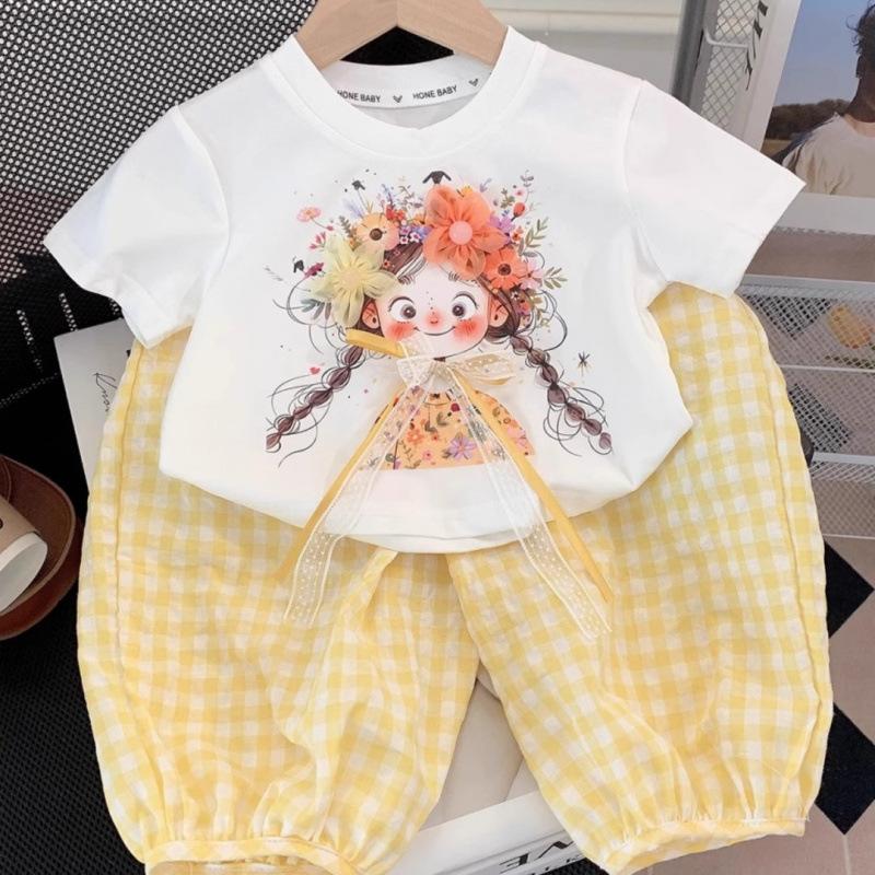 Girls Summer Casual 2 Piece Set Short Sleeve T Shirt And Plaid Pants Kids Sportswear Outfit