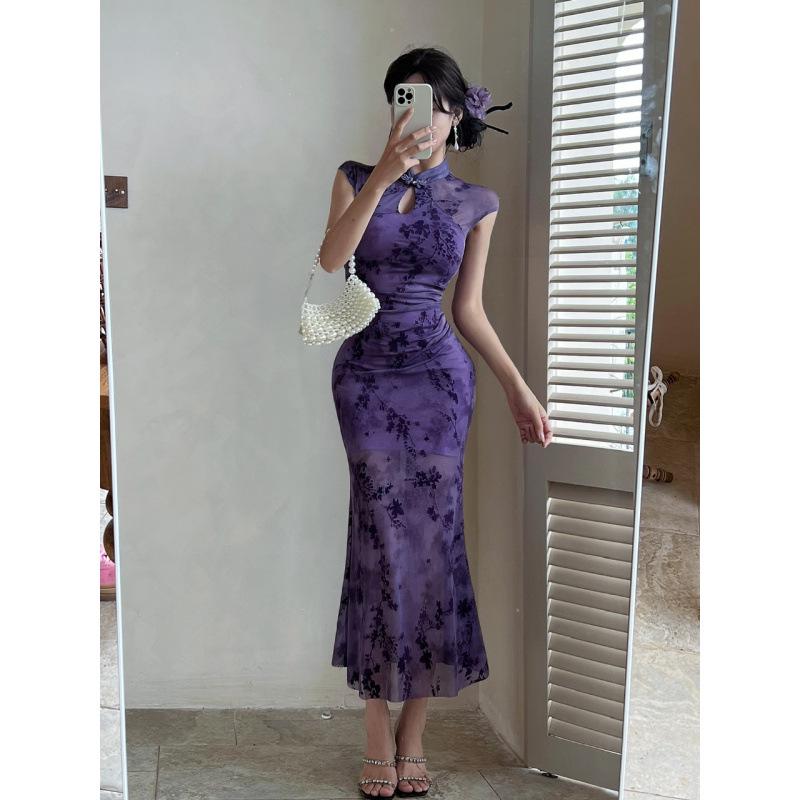 

Real Shot 9434 Sexy Mesh Patchwork Cheongsam Nightclub Dress Large фиолетовый