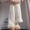 Women Cotton Pants Elastic High Waist Solid Color Wide Leg Causal Trousers with Pockets Thickened Plush Lining Winter Pants