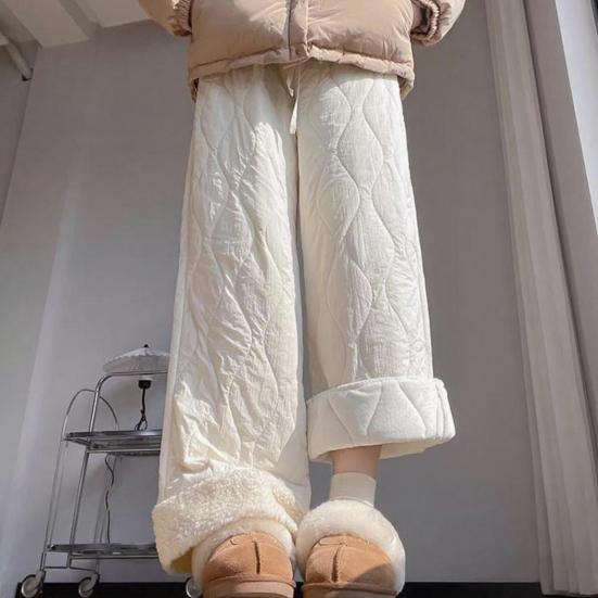 Women Cotton Pants Elastic High Waist Solid Color Wide Leg Causal Trousers with Pockets Thickened Plush Lining Winter Pants