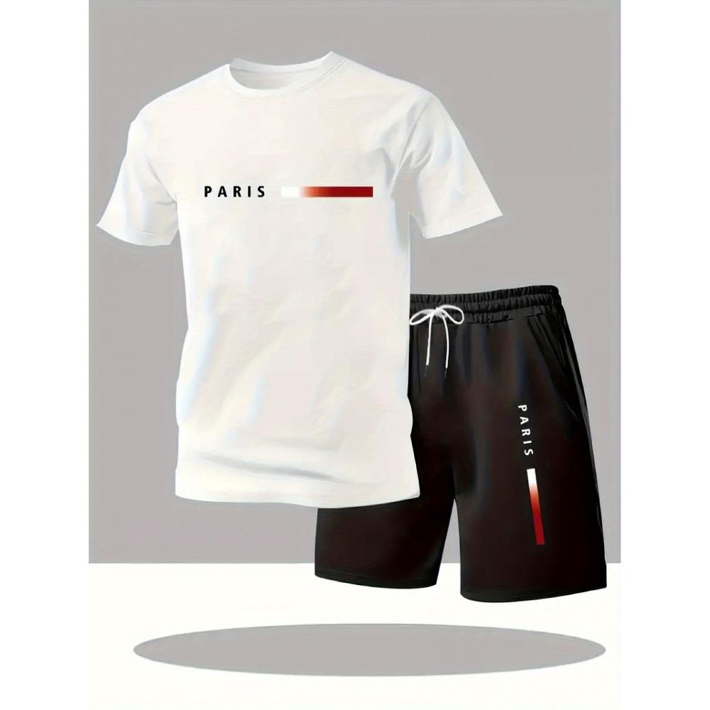 

Fashionable Short Sleeve T-Shirt and Shorts Set for Outdoor Activities, Street Motorcycle Riding, Beach Travel, Sun Protection, Festival Parties M білий