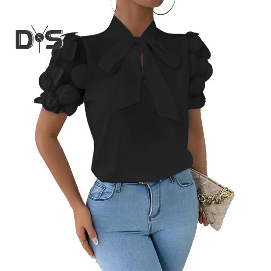 Damen-Shirt mit Schleifenausschnitt, Mesh-Jacquard, kurze Ärmel, Freizeithemd, einfarbige Bluse für den Alltag