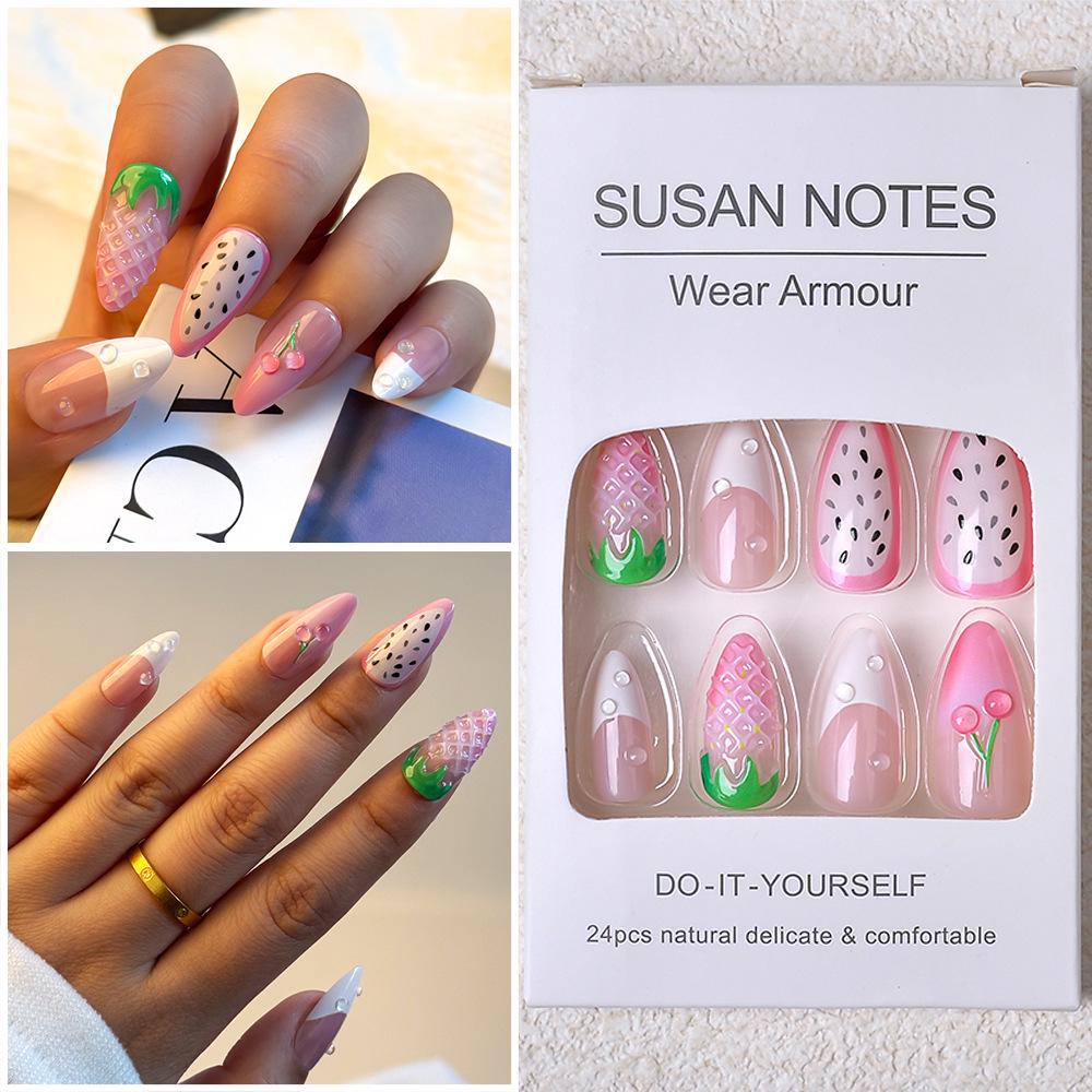 French Summer Fruit Nail Art: 24 Piece 3D Cherry Almond Press-On Nails
