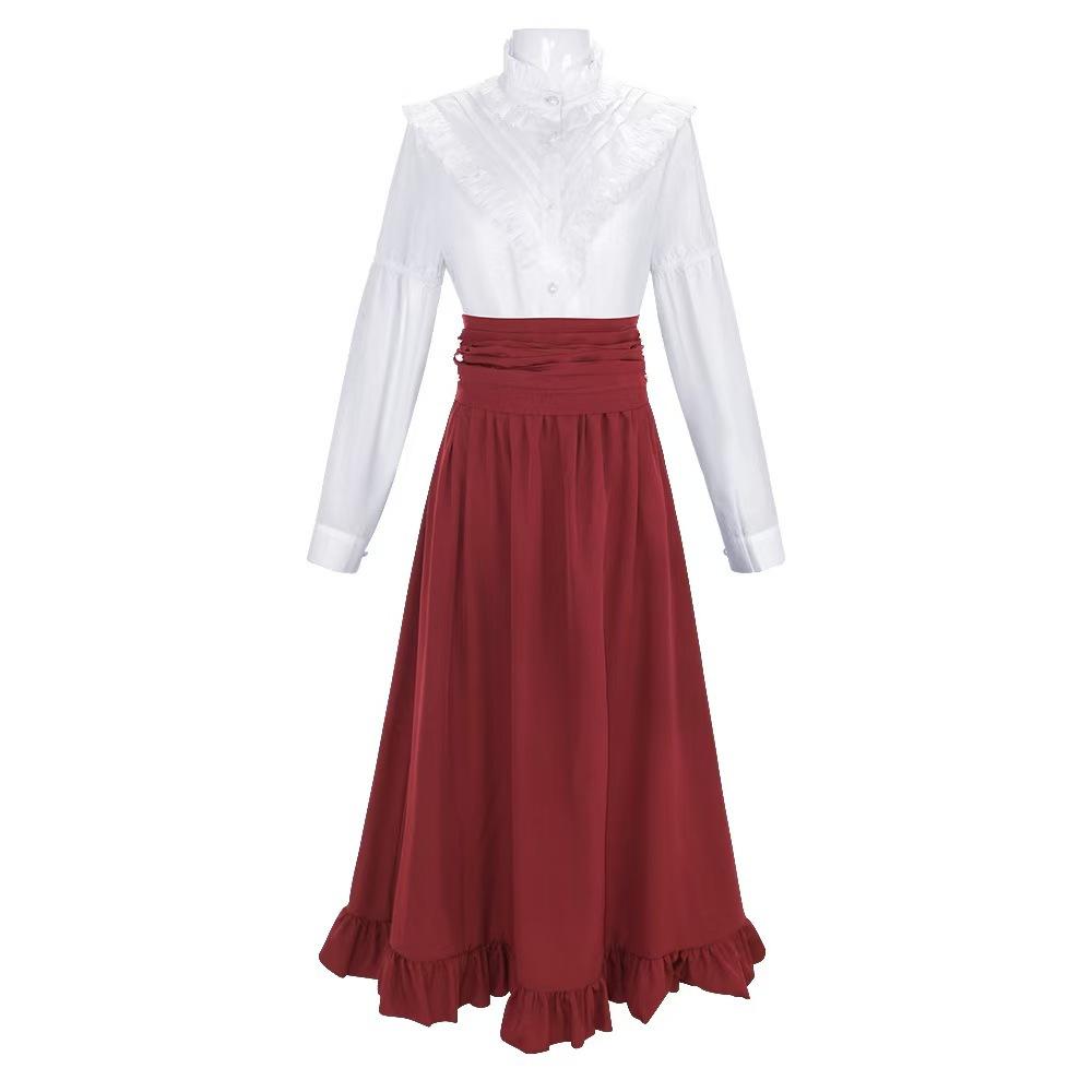 Vestido victoriano renacentista vintage, conjunto de camisa con cuello alto fruncido y falda, adecuado para cosplay, fiestas de té y eventos temáticos