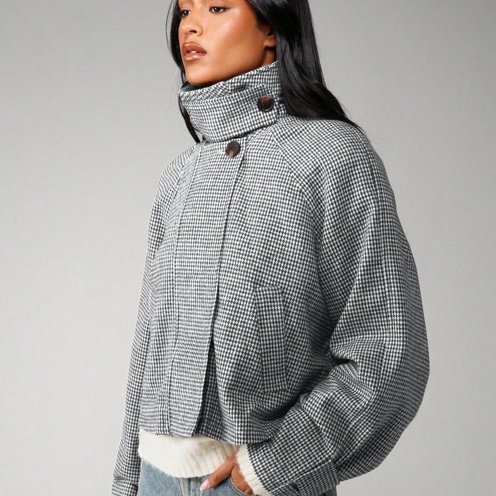 Vintage krátká vlněná bunda s vzorem tisíce ptáků Dámská s vysokým límcem a klopami Britský styl Malá bunda do práce