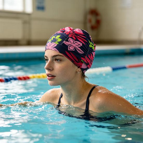 Cloth Swimming Pool Cap for Women, Breathable Colorful Ruffle Swim Cap, Elastic Ear Protection Short Long Hair Bathing Hat