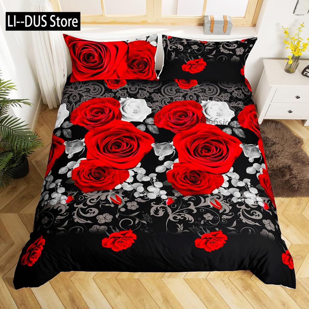 Roses Bedding Set Duvet Cover for Girls Women Couple Lover Romantic Comforter Cover Valentine's Day Bedroom Decor Quilt Cover