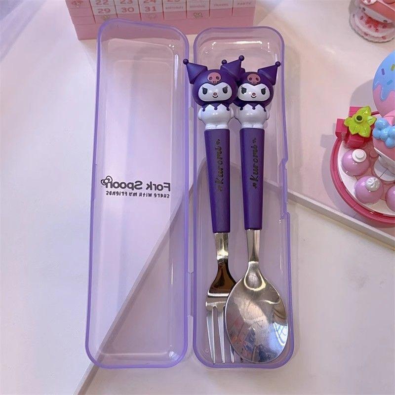 New Kuromi Kitty Cinnamoroll Spoon Fork 2 Pcs Kit Food-grade Steel Cartoon Cute Kid Tableware Kitchen Supplies Gift