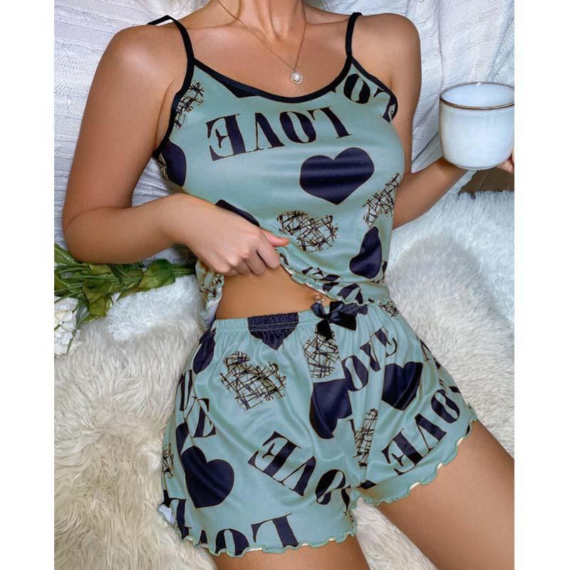 

New summer beautiful back thin loungewear sexy suspender short skirt love cartoon cute print 2xl