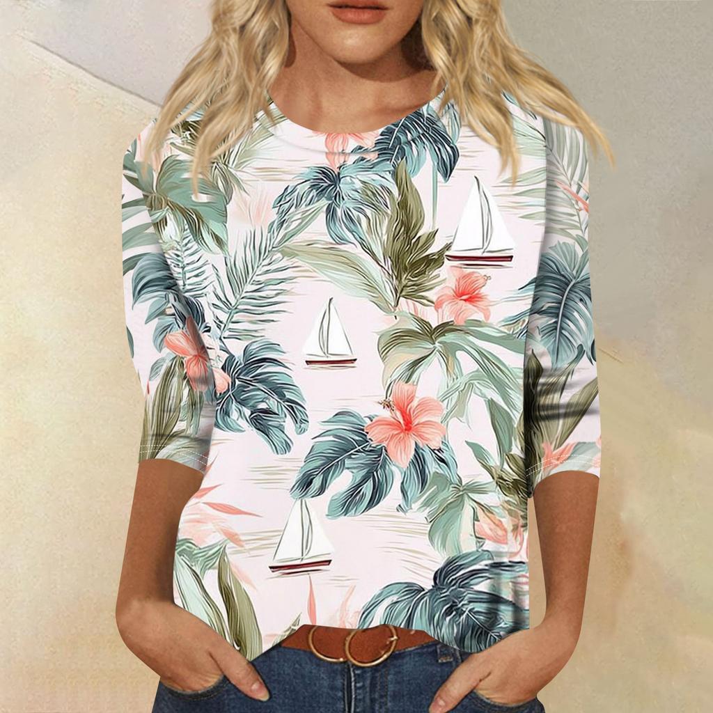 Women’s Half Sleeve Crew Neck T Shirt with Tropical Leaf and Floral Print Relaxed Fit Lightweight Top Blouse