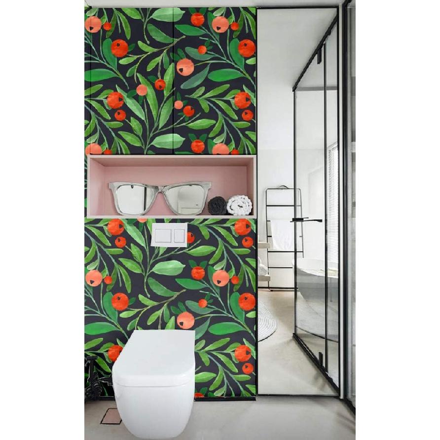 

Blooming Wall DPY05 Peel&Stick Handpainting Fresh Red Cherry Green Rolled Leaves Self-Adhesive Prepasted Wallpaper Wall Mural Wall Decor Black/Red