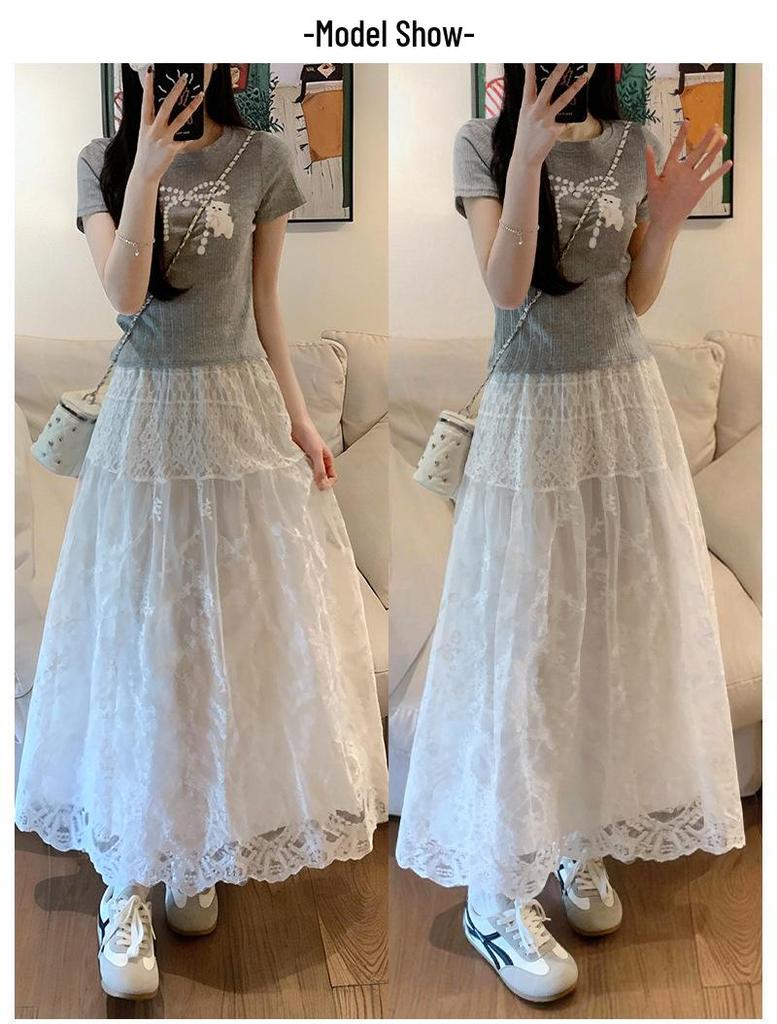 Spring/Summer Lace Crochet Dress: Women's Retro High-Waist A-Line Skirt with Embroidery