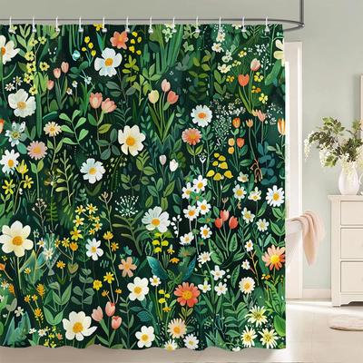 Home Shower Curtains for Bathroom Waterproof Fabric Spring Floral and Plants Bathroom Curtains with Hooks Decorative Curtain