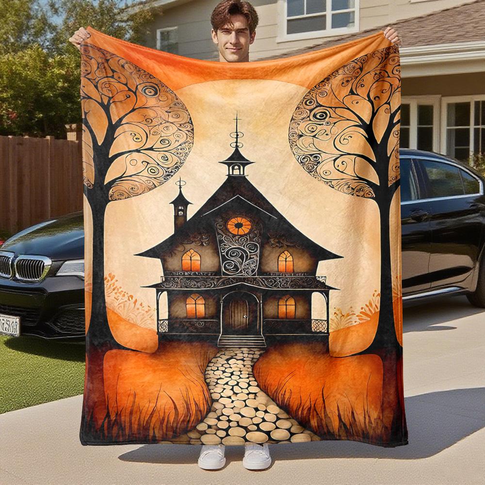 1pc haunted house autumn Outdoor Flannel Blanket Soft Warm All-Season Throw for Sofa Bed Car Camping Office, Cozy Gift Idea1256S