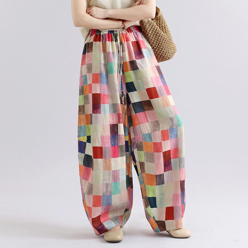 DIMANAF 2026 Autumn New Plus Size Women Long Pants Print Floral Cotton Linen Vintage Loose Elastic Waist Casual Lady Bottoms