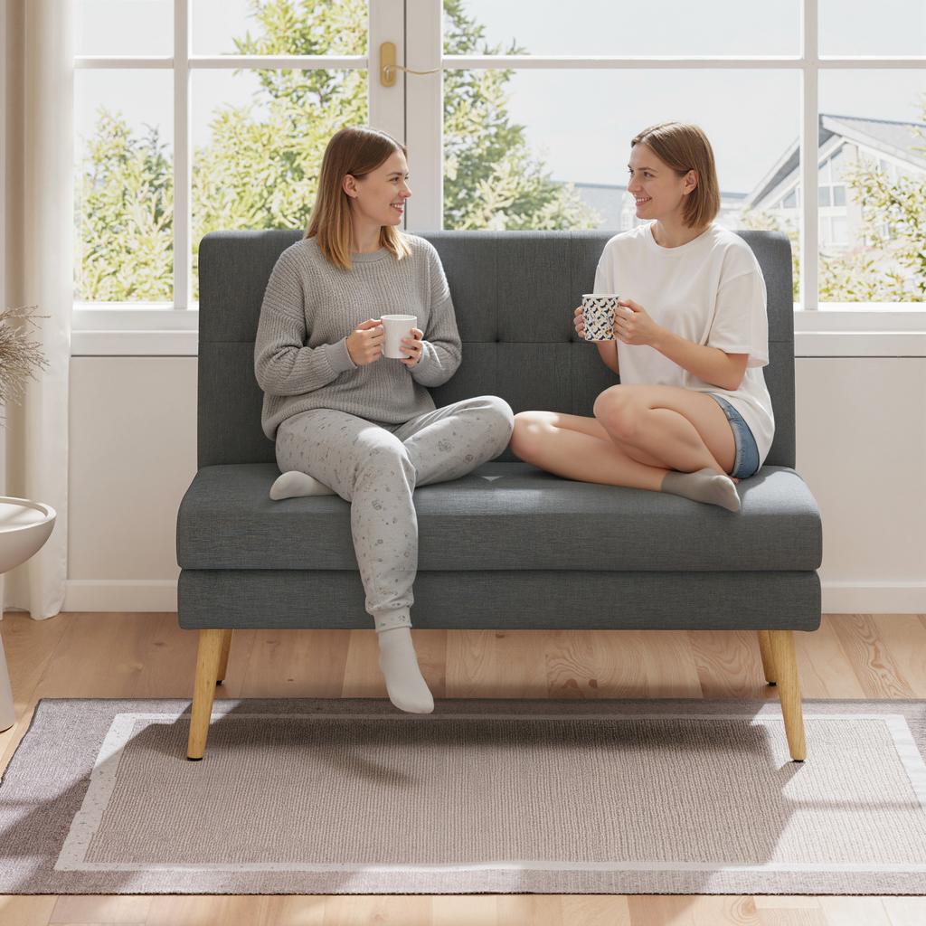 2-Seater Sofa, Tufted Backrest, Wooden Legs, Thick Padding, Linen Look, for Small Spaces, Grey