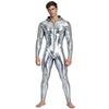 Men Metallic Shiny Hooded Jumpsuit Long Sleeve Front Zip-up Leggings Tights Catsuit Bodysuit for Rave Party Clubwear Night Out