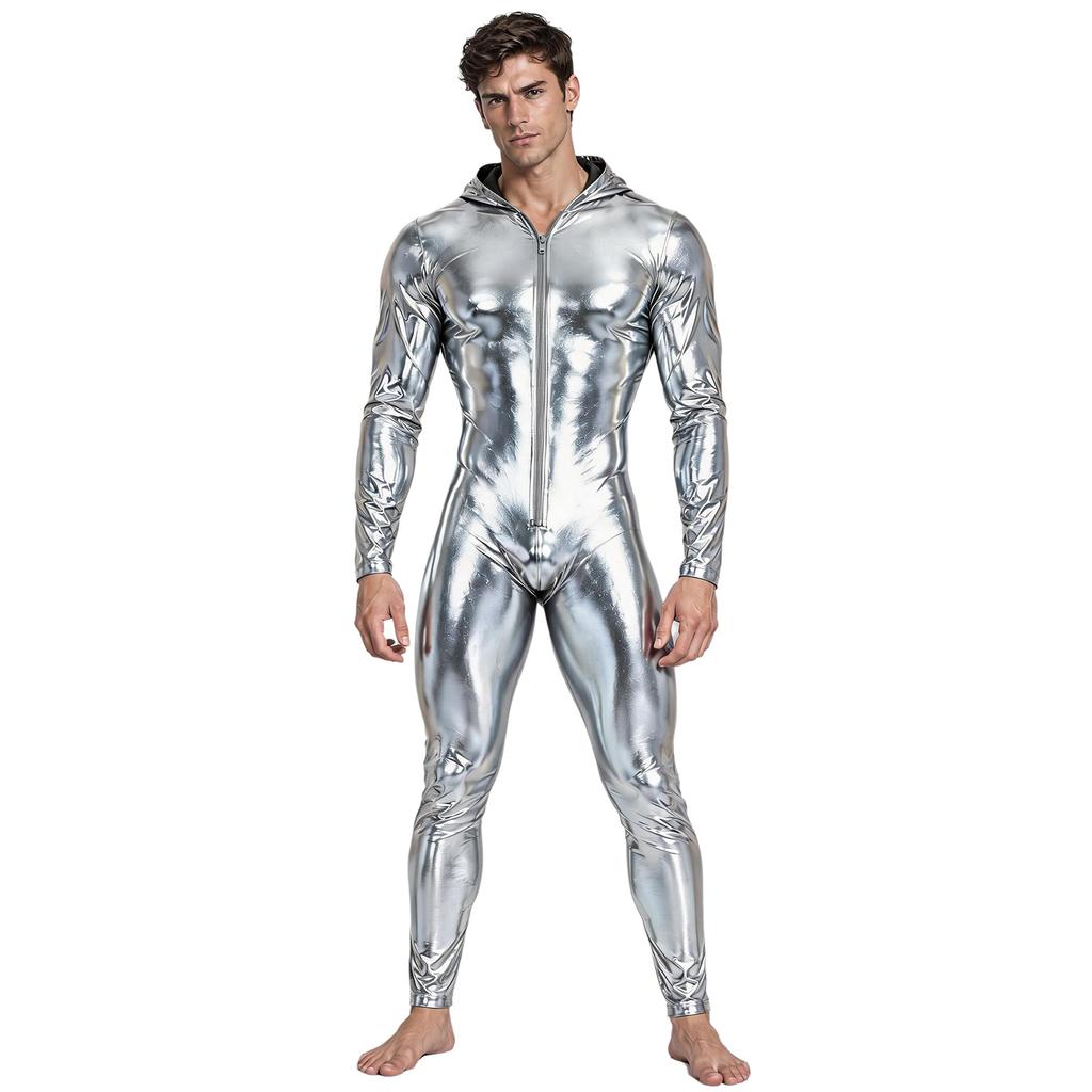 Men Metallic Shiny Hooded Jumpsuit Long Sleeve Front Zip-up Leggings Tights Catsuit Bodysuit for Rave Party Clubwear Night Out