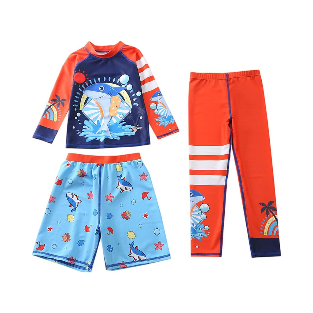 Dreiteiliges Jungen-Badebekleidungsset Langarm-Rashguard Badeshirt Badeshorts und Badehosen Cartoon-Print Leicht Schnelltrocknend