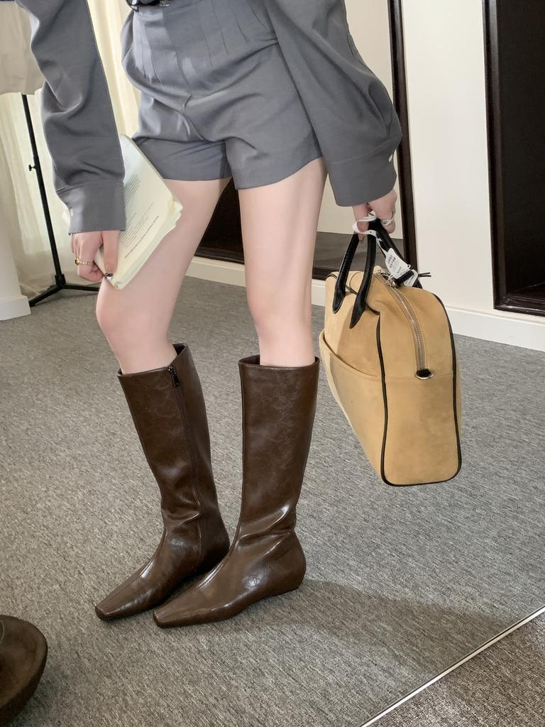 European and American Square Head Soft Leather Personalized Knight Boots 2025 Autumn and Winter Niche Thin Boots But Knee Small Slope Heel Fashion Boo