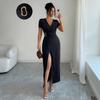 Cross-border European and American Amazon New V-neck Cross-metal Pleated Waist-cinching High-slit Dress for Women, Summer Long Dress