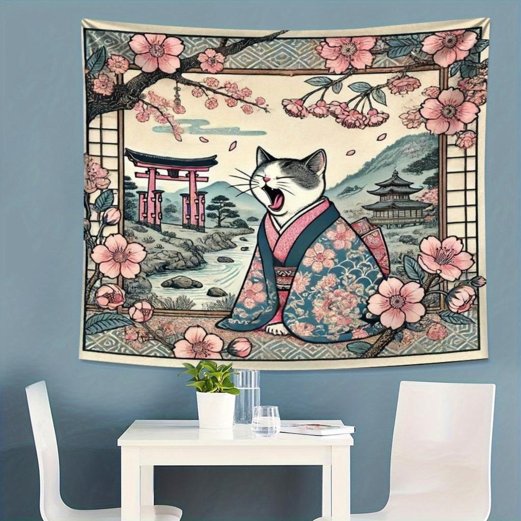 VIKAMA Japanese Sakura Cat Tapestry Ukiyoe Cherry Blossom Torii Gate Wall Hanging Aesthetic Asian Decor for Bedroom