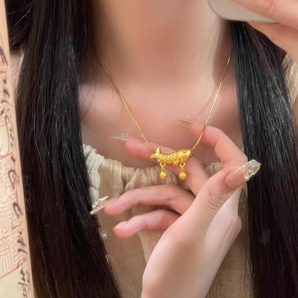 Exquisite Ancient Style Sand Gold Koi Pendant Necklace with Fu Bell Chain