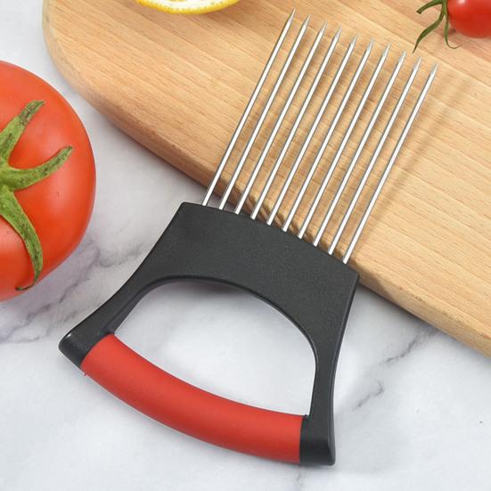 Stainless Steel Onion Holder & Slicer with 10 Prongs Hands-Free Vegetable Slicer for Onions Tomatoes Lemons Meat Kitchen Cutting Tool