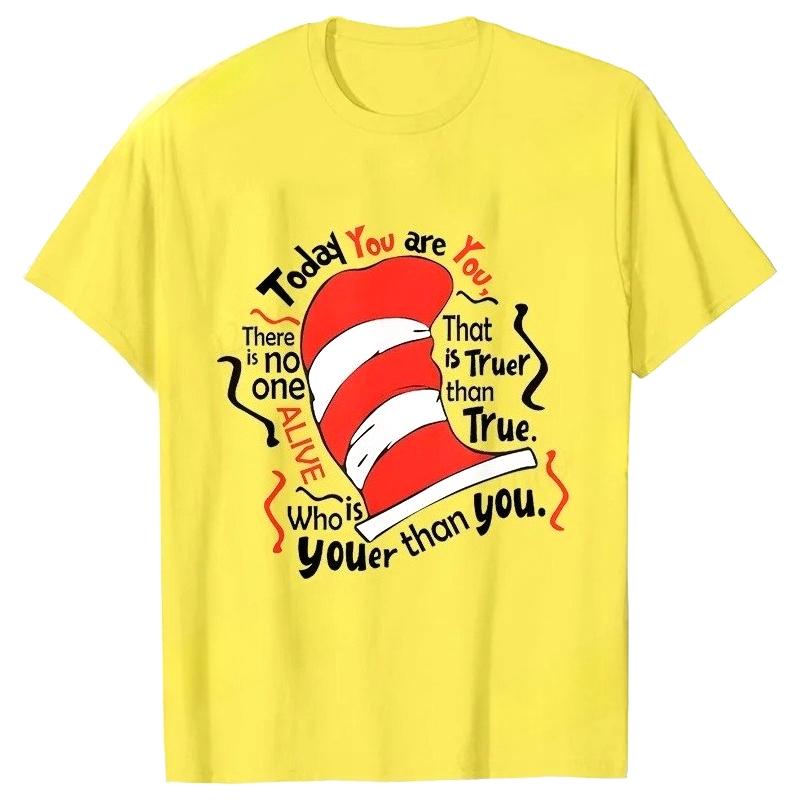 Heute bist du du T-Shirt für Damen Lustige Katze im Hut Grafik Top Lehrergeschenk Rundhals Kurzarm T-Shirt Damen Lässiges T-Shirt