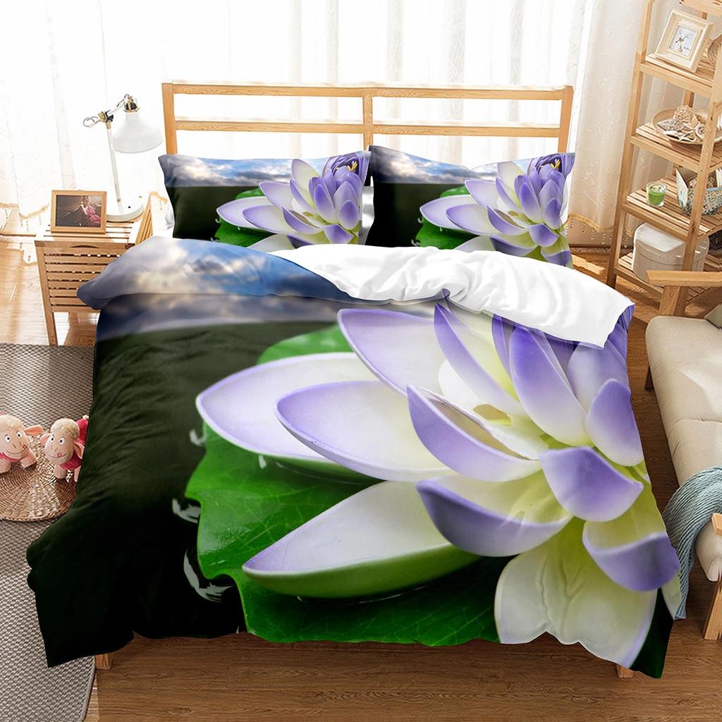Lotus Flower Duvet Cover Set Lotus Leaf Pattern Polyester Quilt Cover King Full Size For Kids Teens Bedding Set With Pillowcase