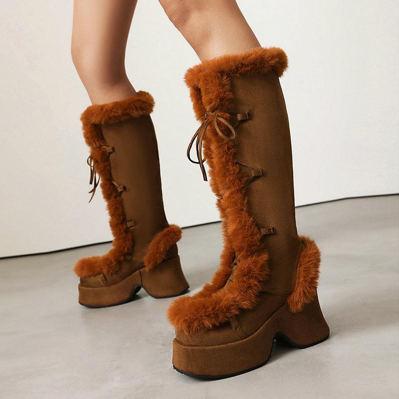 Women's Lavender Platform Knee-High Boots | Fuzzy Accent, Sweet & Edgy Essential Fashion Footwear