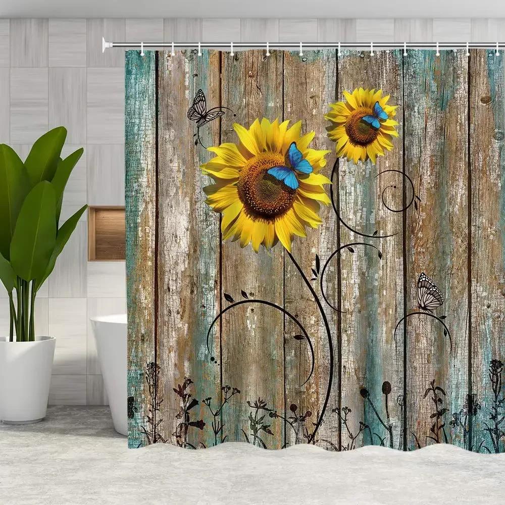Farmhouse Rustic Shower Curtain Sunflower Autumn Floral Flower On Rural Barn Wooden Fabric Bathroom Curtains with Hooks Sets