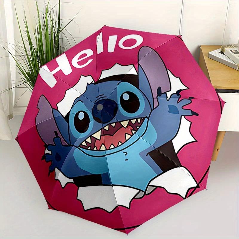 Disney Stitch Automatic Open/Close Umbrella - UV Protection Cute Umbrella with Cute Stitch Design, Portable 3-Fold Compact Umbrella