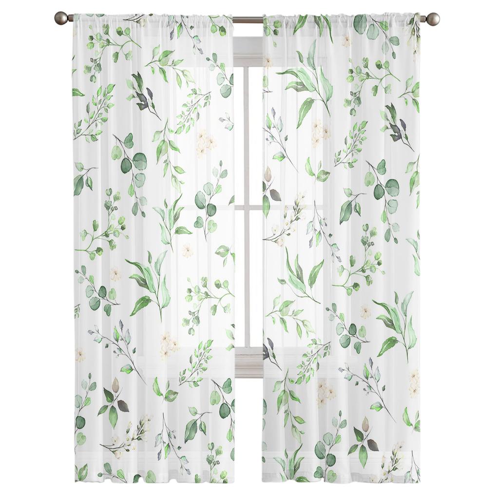 Tüllvorhang mit Aquarellblumen und Blättern, grün, Voile, transparenter Tüll für Schlafzimmer, Wohnzimmer, Küche, durchsichtige Fenstervorhänge