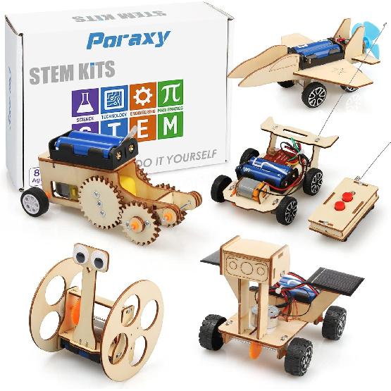 Poraxy STEM Model Car Kits, Toys for Boys Age 8-12, 5 in 1 Kids Wood Building Kit 8-10, 3D Wooden Puzzles, Educational Science Crafts Kits, Birthday