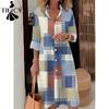 Abiti casual con stampa a righe, a maniche lunghe, scollo a V, larghi, in vita, alla moda primaverile ed autunnale da donna