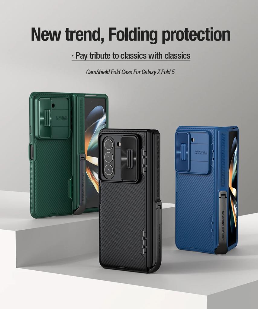 NILLKIN Für Samsung Galaxy Z Fold 5 5G Hülle Ständer Camshield Kickstand 360 Linsen Silikonrahmen Schiebende Kameraabdeckung Rückseite