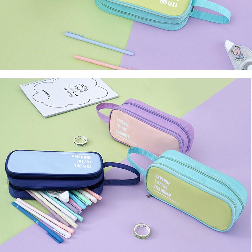 Candy Color Handheld Large Capacity Pen Bag Double Zipper Student Stationery Bag Multifunctional Pencil Case