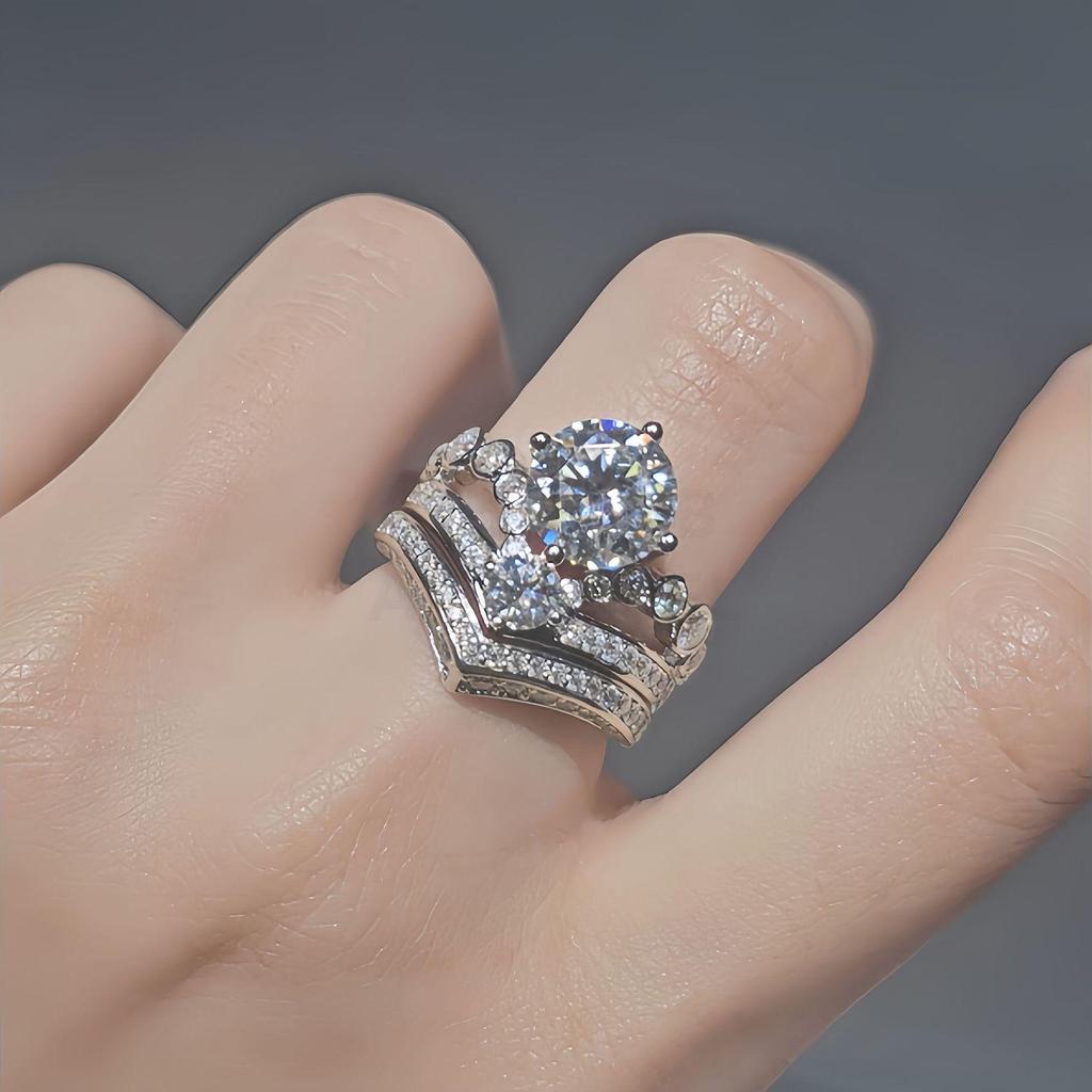 925 Sterling Silver Moissanite Crown Ring Set in 18K Gold - Light Luxury Women's Wedding Stacking Rings